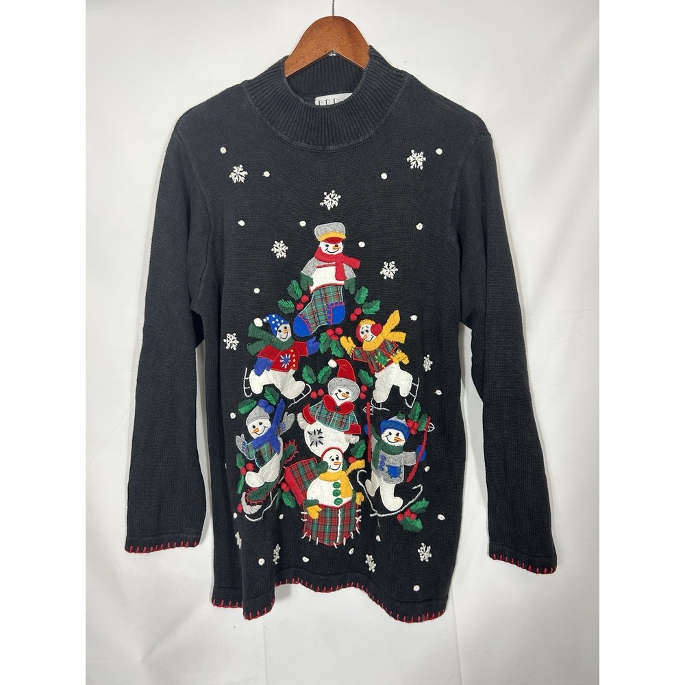Vintage 90s Oversized Christmas Sweater Size L Snowmen Ice Skating Embroidered